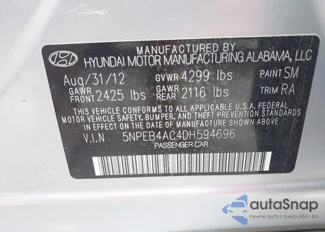 2013 Hyundai Sonata Gls z USA, uszkodzony, nr VIN 5NPEB4AC4DH594696